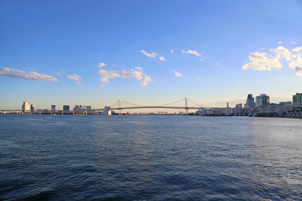 海の上から見た橋とビル群